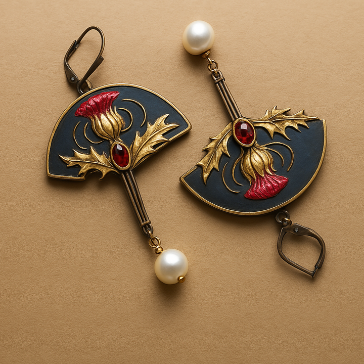 Boho earrings with pearls and red crystal