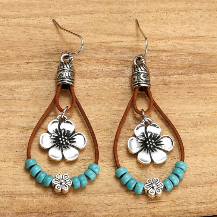 Boho Silver Turquoise Flower Earrings