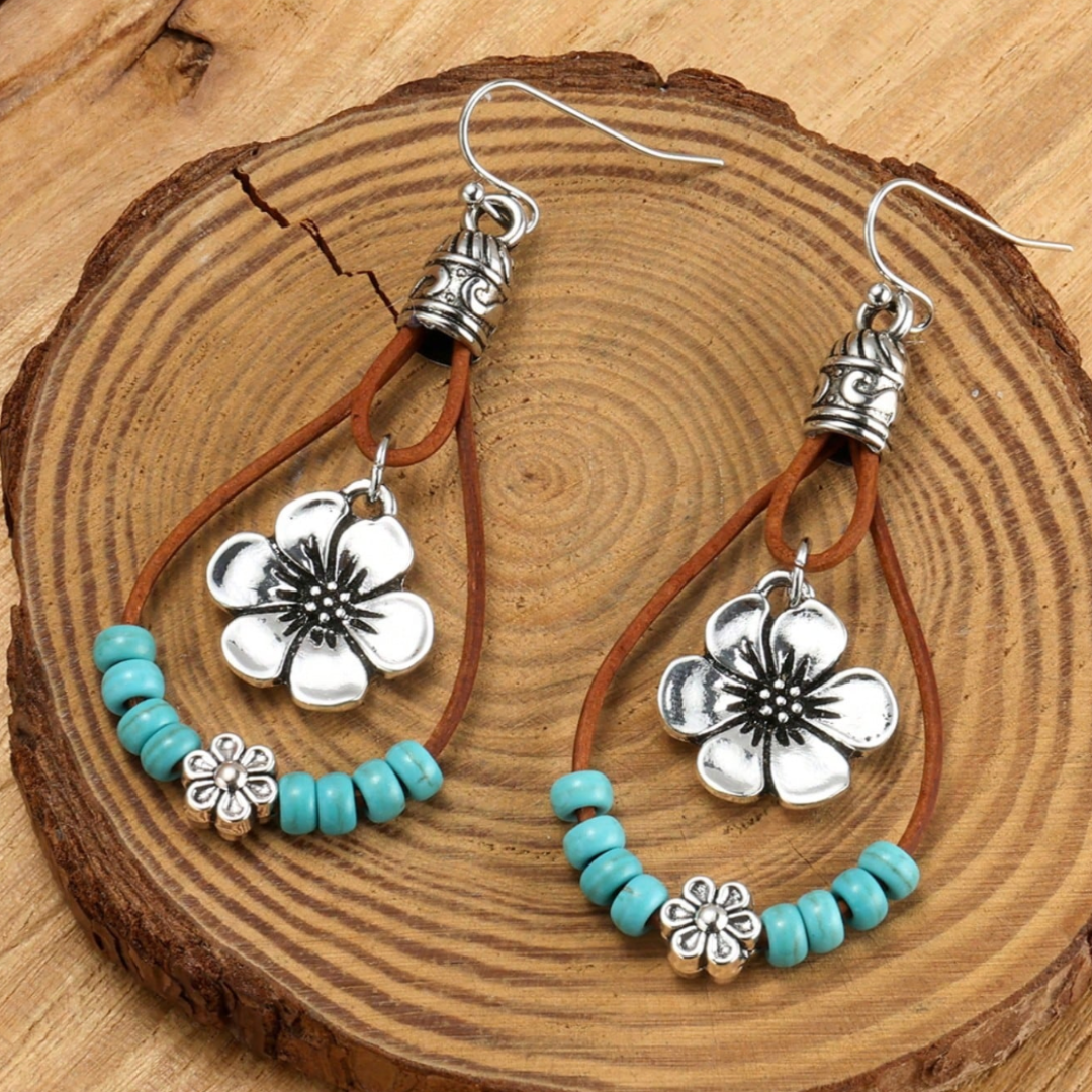 Boho Silver Earrings Turquoise Flower