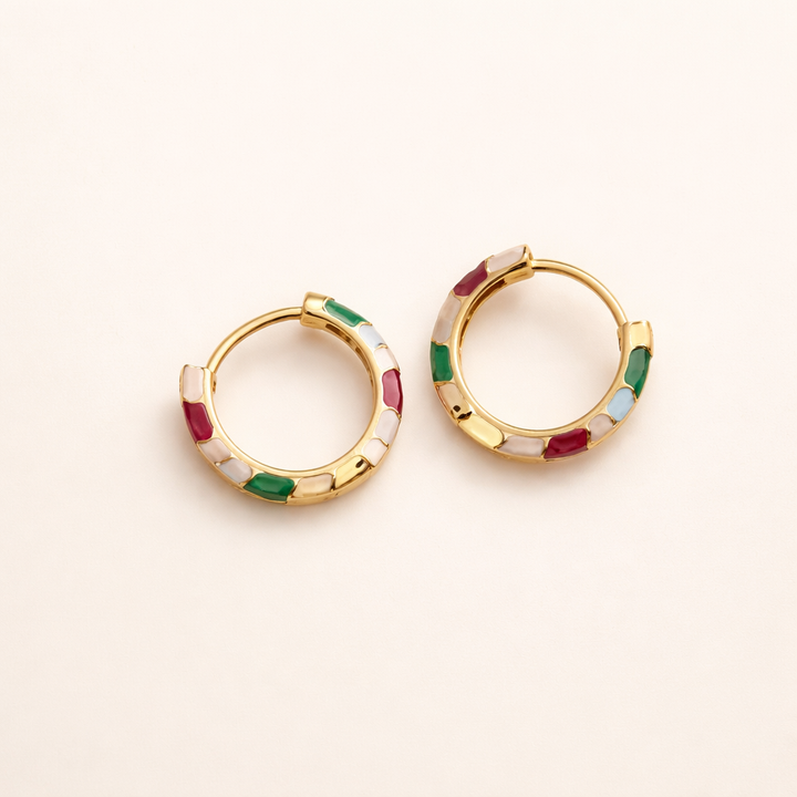 Elegant gold earrings with colourful enamel accents