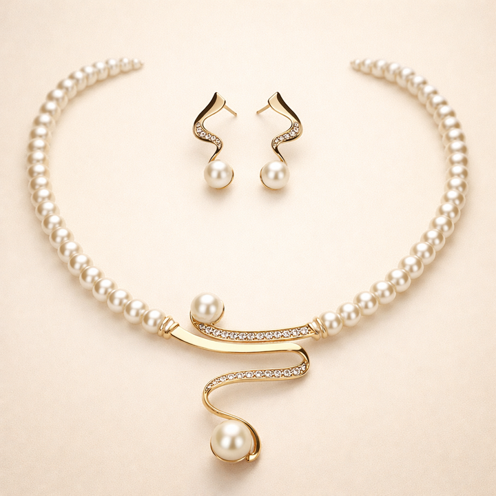 Gold pearl necklace with delicate earrings set