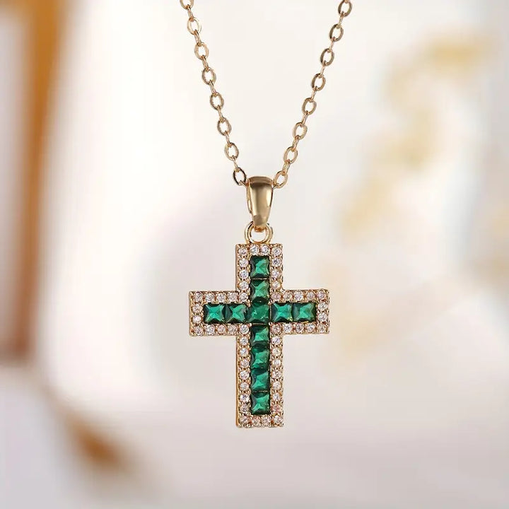 Gold-Coloured Necklace with Green Sacred Stone Cross