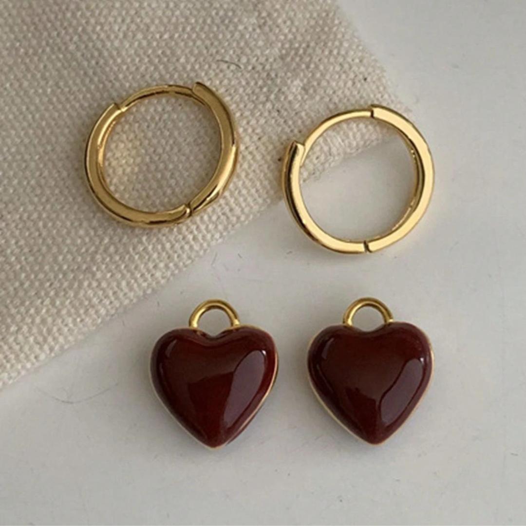 Gold Hoop Earrings with Red Heart