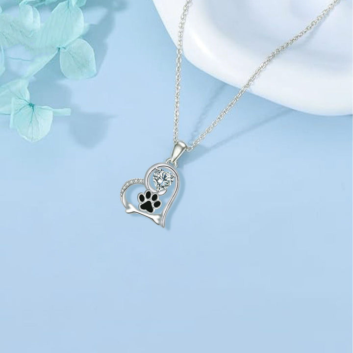 Dog Paw Print and Bone Necklace with Zirconia