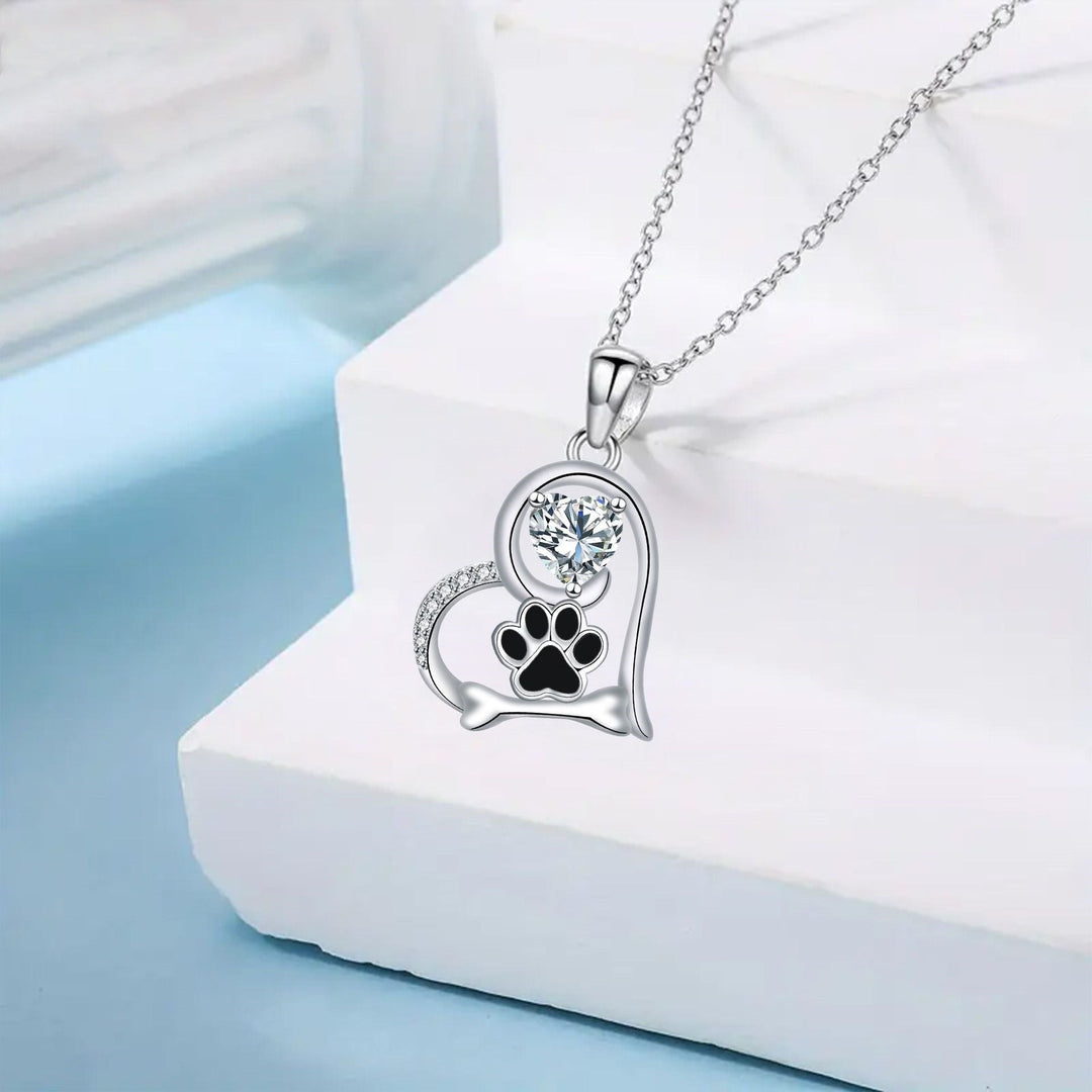Dog Paw Print and Bone Necklace with Zirconia
