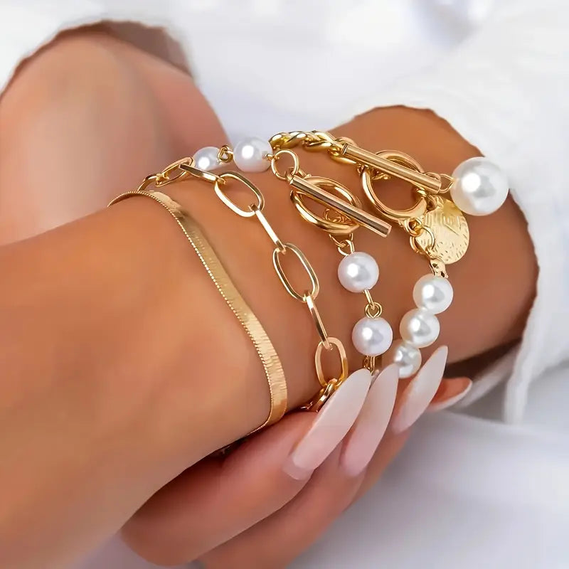 Chic bracelet set (4 pieces) – snake, pearls and links