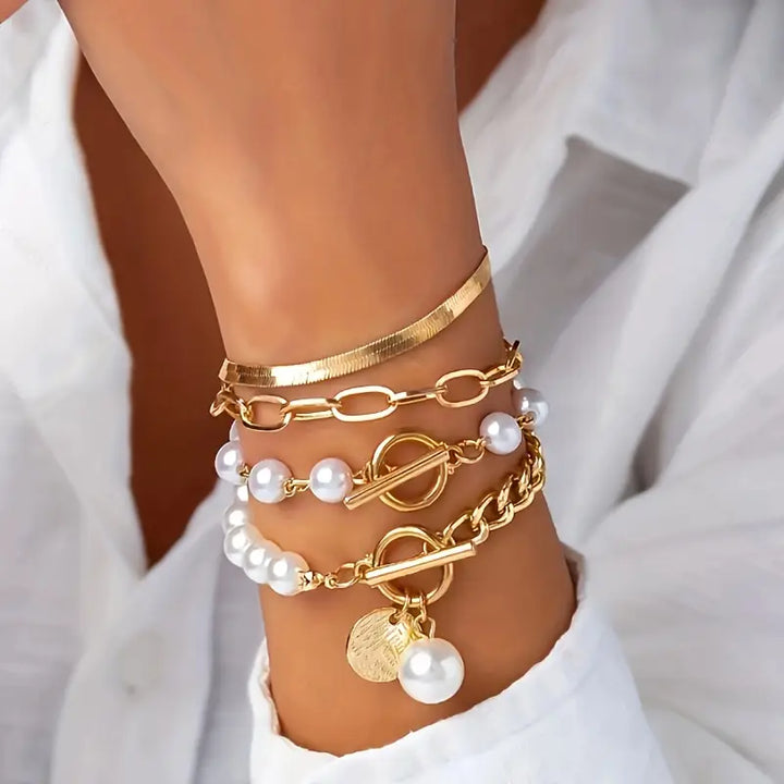 Chic bracelet set (4 pieces) – snake, pearls and links