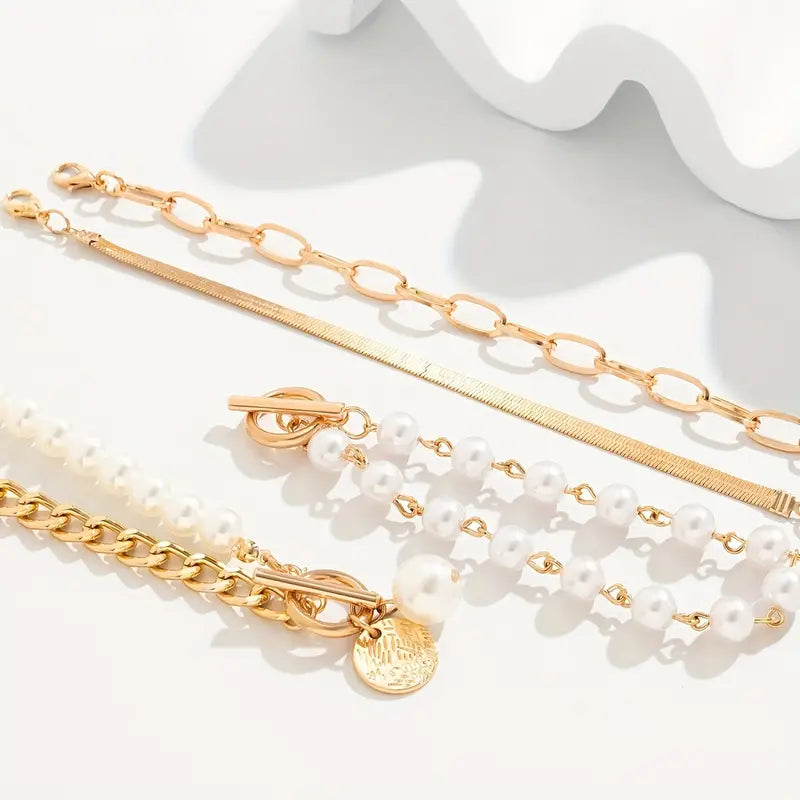 Chic bracelet set (4 pieces) – snake, pearls and links