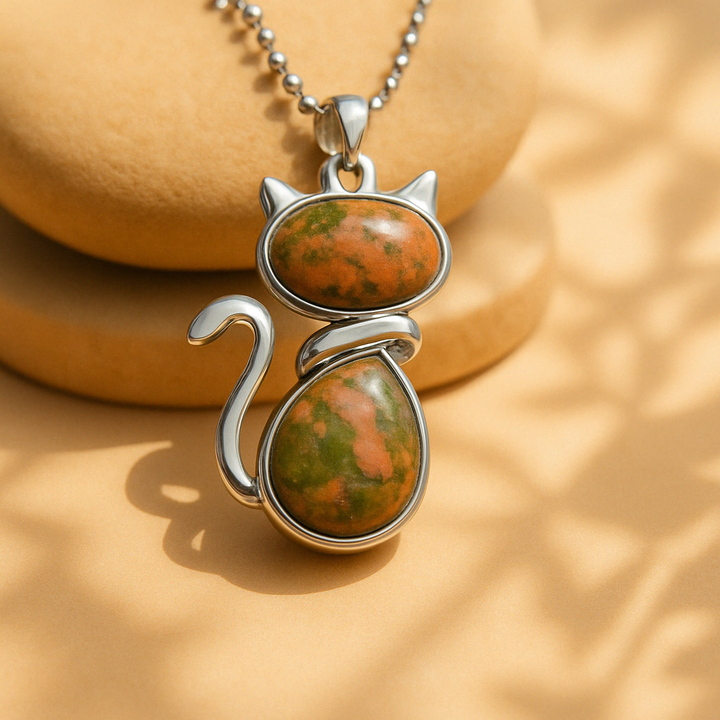 Necklace with Cat Pendant made of Natural Stone