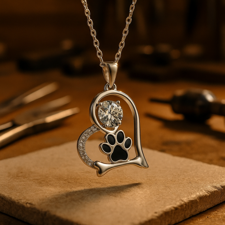 Dog Paw Print and Bone Necklace with Zirconia