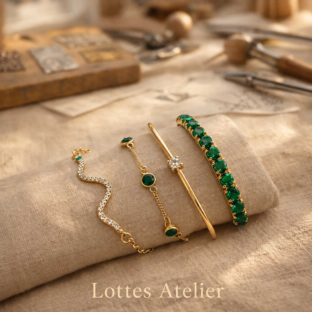 Gold-Coloured Bracelet Set with Emerald Green Stones