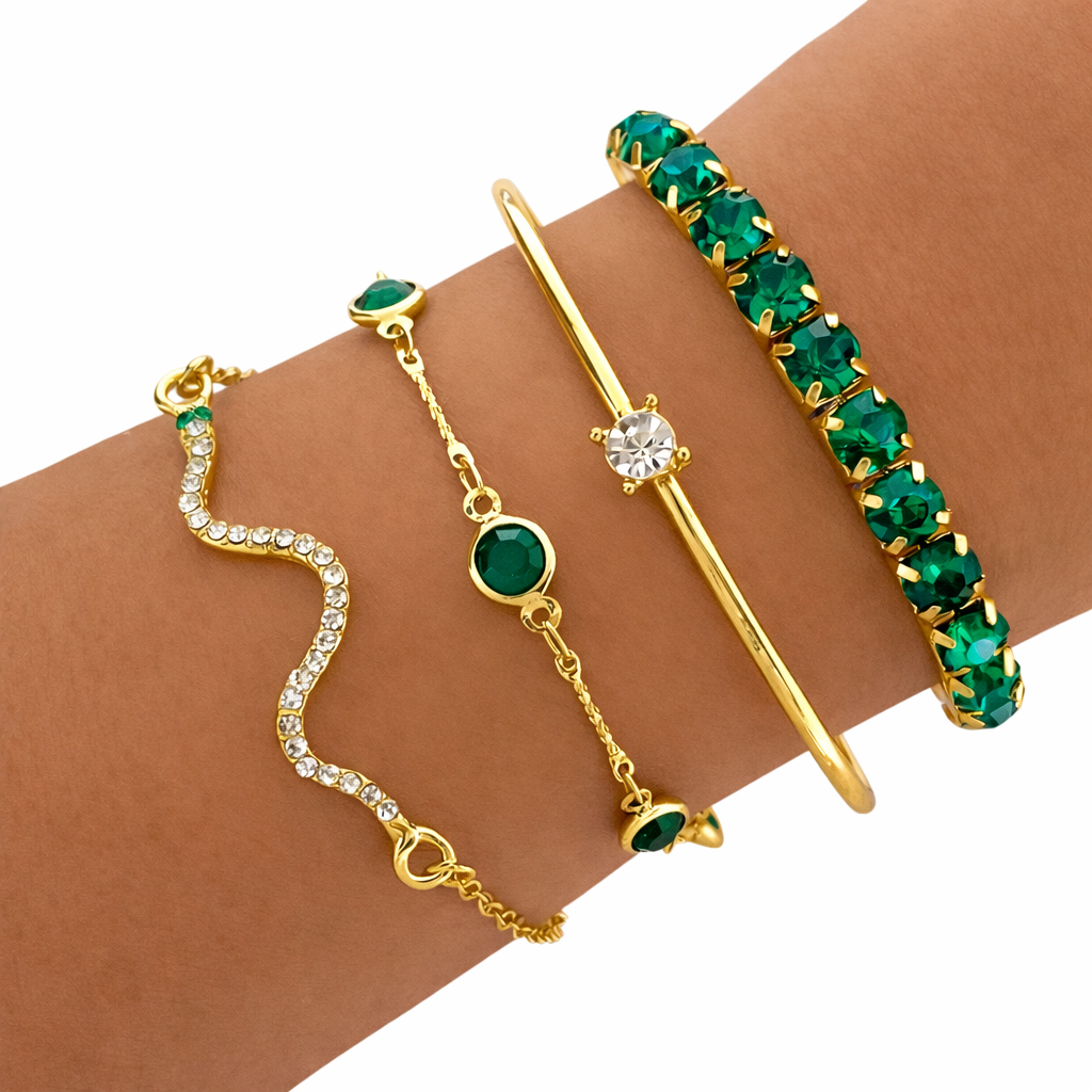 Luna | Set of elegant vintage green bracelets with crystals