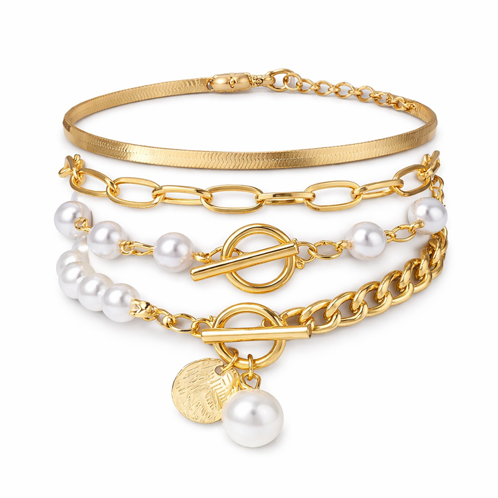 Chic bracelet set (4 pieces) – snake, pearls and links