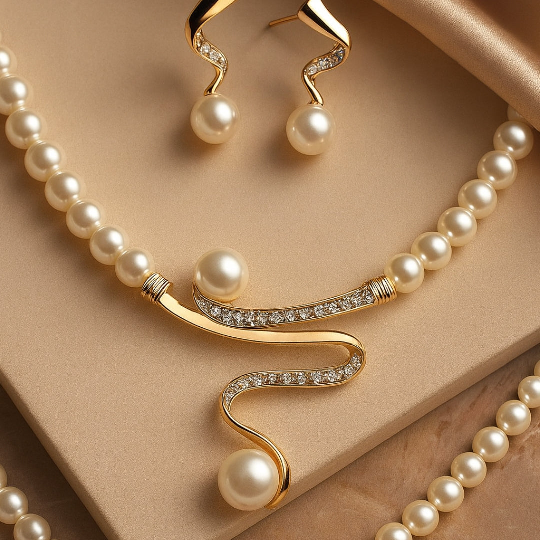 Elegant Pearl Necklace + Earrings Set