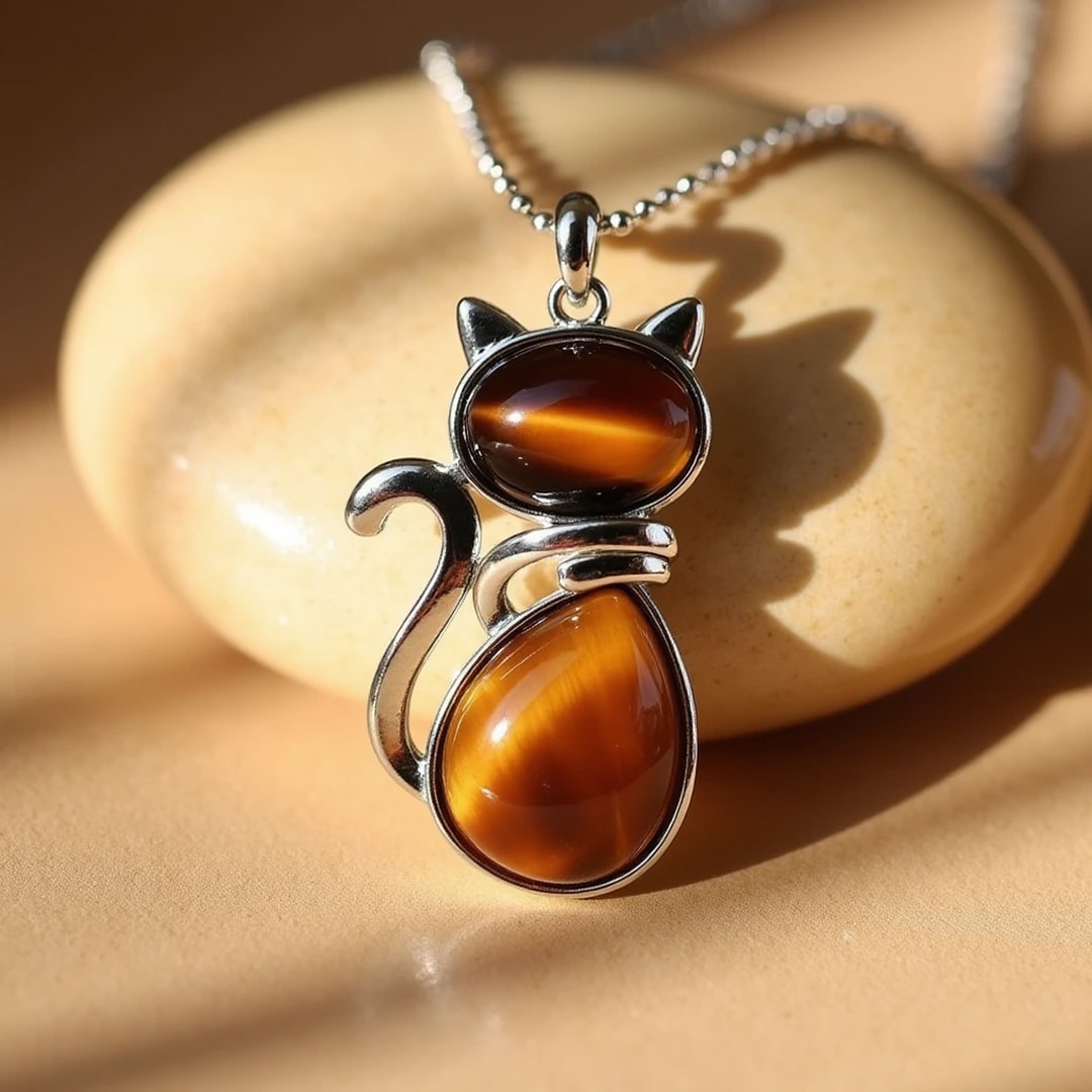 Elegant necklace made of natural stones with cat pendant