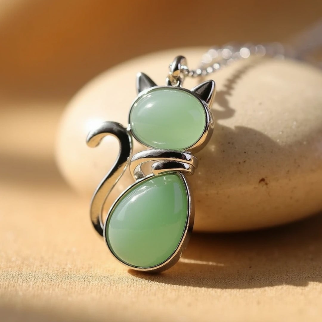 Elegant necklace made of natural stones with cat pendant