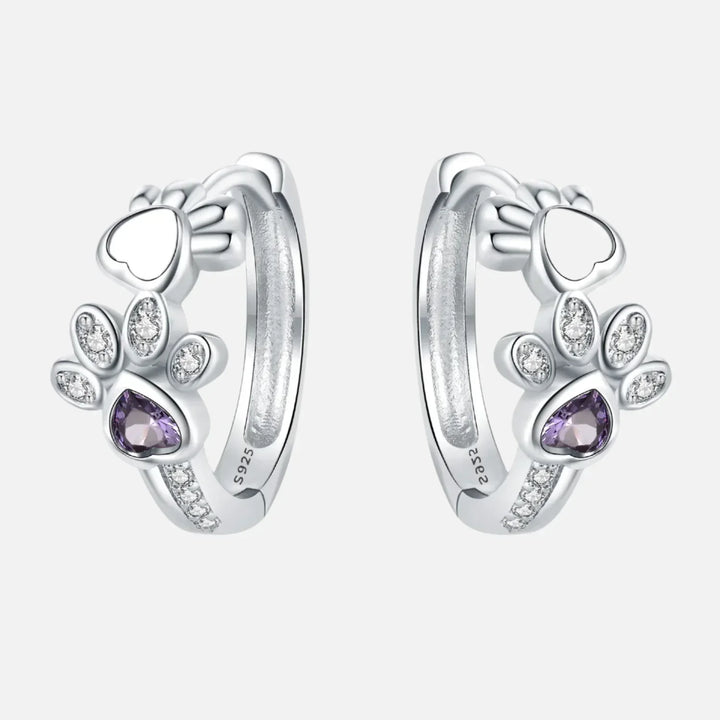 Earrings with Paw Print in Silver, with Zirconia and a Heart-Shaped Gemstone.
