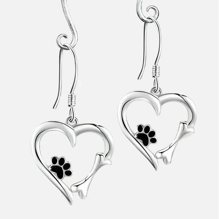 Silver Hanging Earrings with Heart and Paw Print Motif