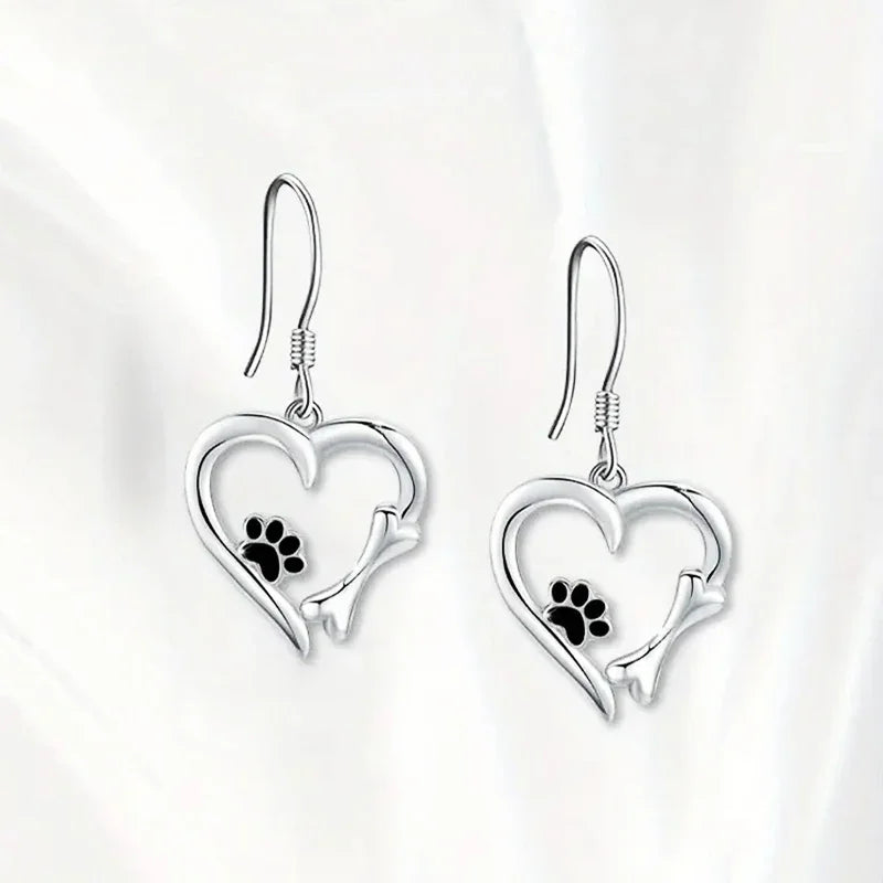 Silver Hanging Earrings with Heart and Paw Print Motif