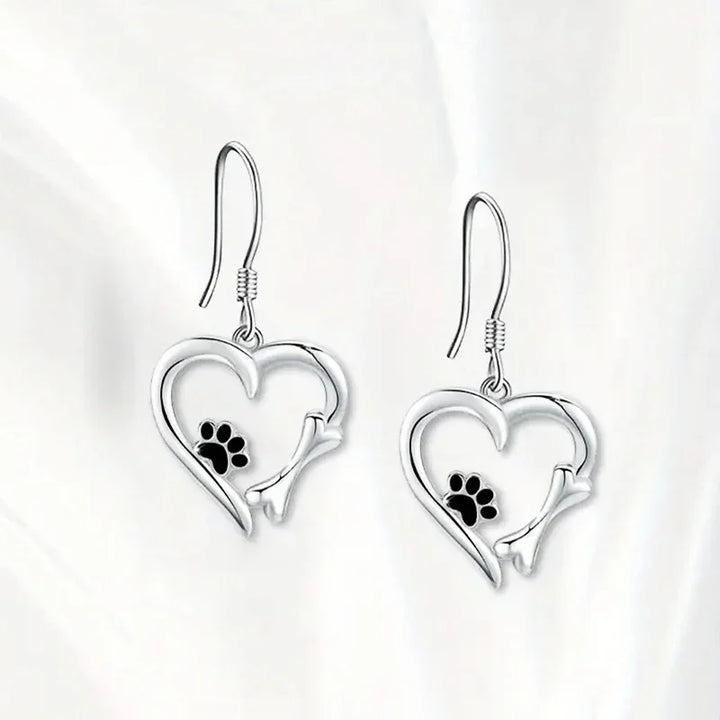 Silver Hanging Earrings with Heart and Paw Print Motif