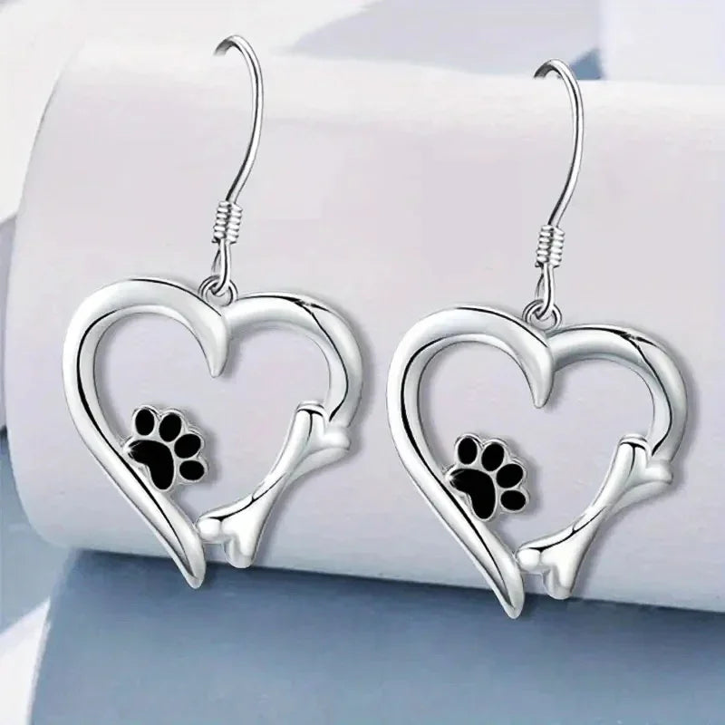 Silver Hanging Earrings with Heart and Paw Print Motif