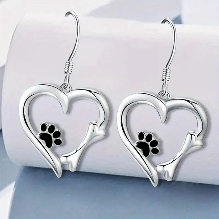 Silver Hanging Earrings with Heart and Paw Print Motif