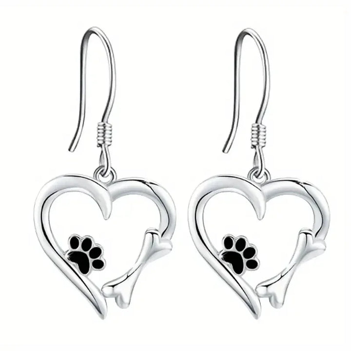Silver Hanging Earrings with Heart and Paw Print Motif