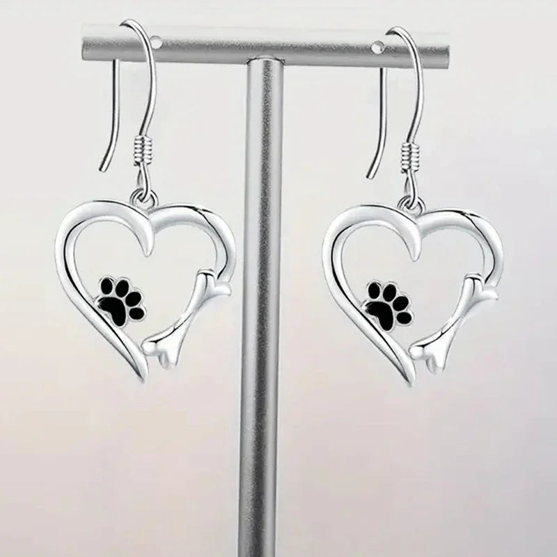 Silver Hanging Earrings with Heart and Paw Print Motif