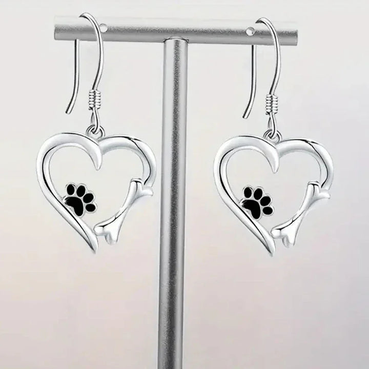 Silver Hanging Earrings with Heart and Paw Print Motif
