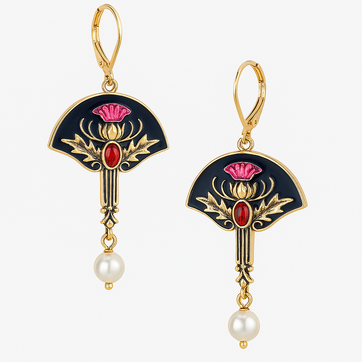 Boho earrings with pearls and red crystal