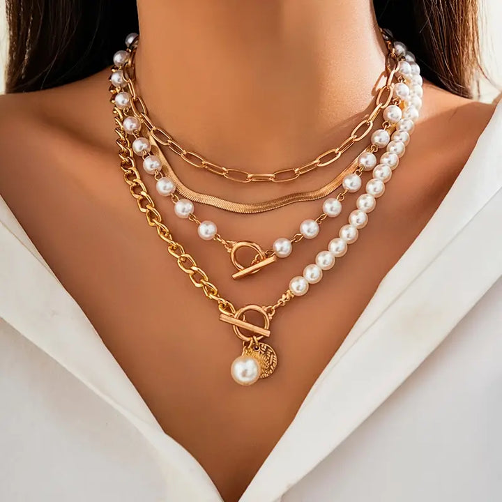 Pearl & Vintage Snake Chain Necklace Set | Gold
