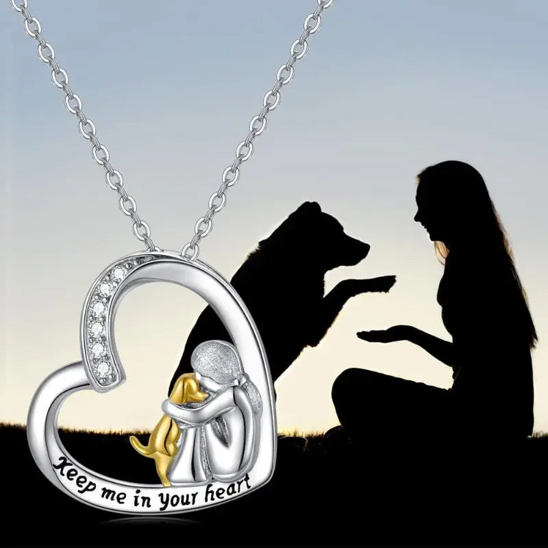 Silver Necklace with Heart Pendant, Dog Motif and Zirconia Stones