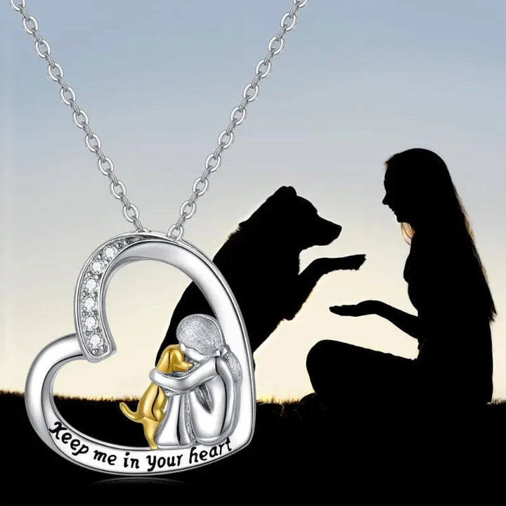 Silver Necklace with Heart Pendant, Dog Motif and Zirconia Stones