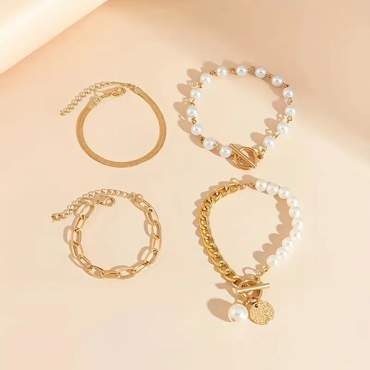Chic bracelet set (4 pieces) – snake, pearls and links