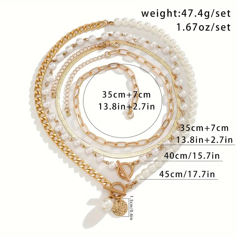 Pearl & Vintage Snake Chain Necklace Set | Gold