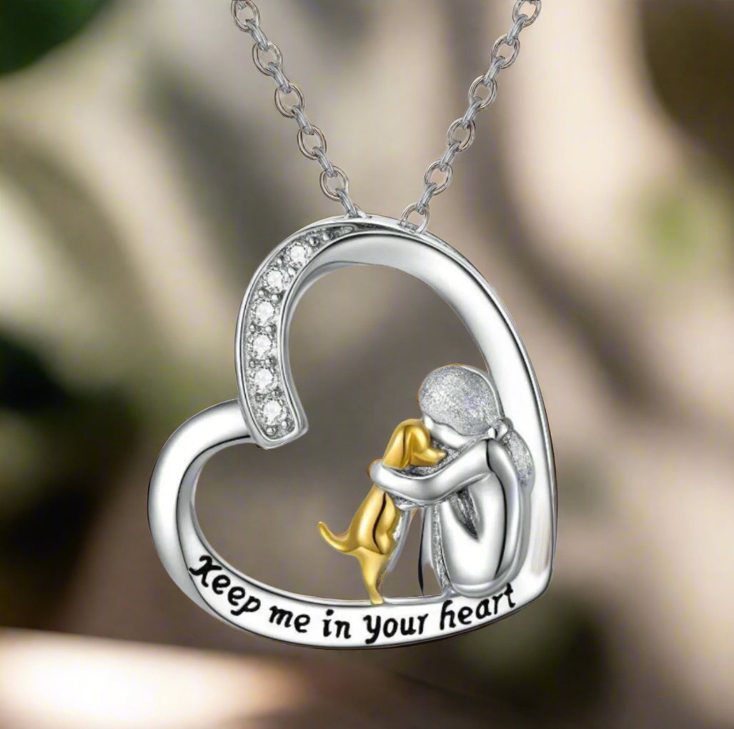 Silver Necklace with Heart Pendant, Dog Motif and Zirconia Stones
