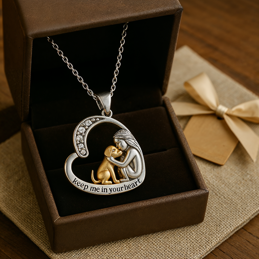 Silver Necklace with Heart Pendant, Dog Motif and Zirconia Stones