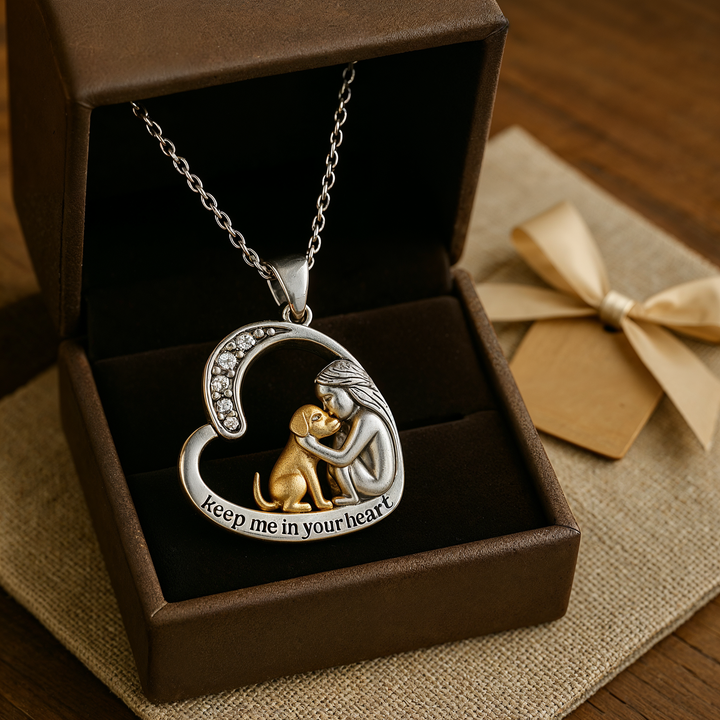 Silver Necklace with Heart Pendant, Dog Motif and Zirconia Stones