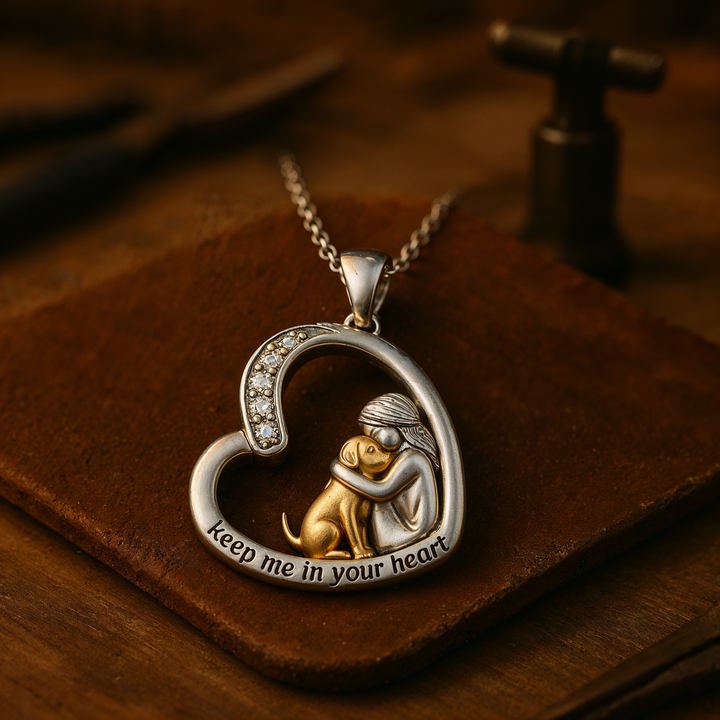 Silver Necklace with Heart Pendant, Dog Motif and Zirconia Stones