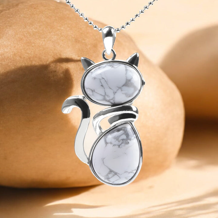 Elegant necklace made of natural stones with cat pendant