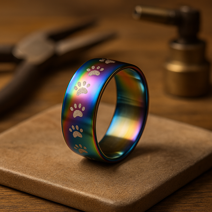 Handcrafted Rainbow-Coloured Stainless Steel Ring with Paw Print